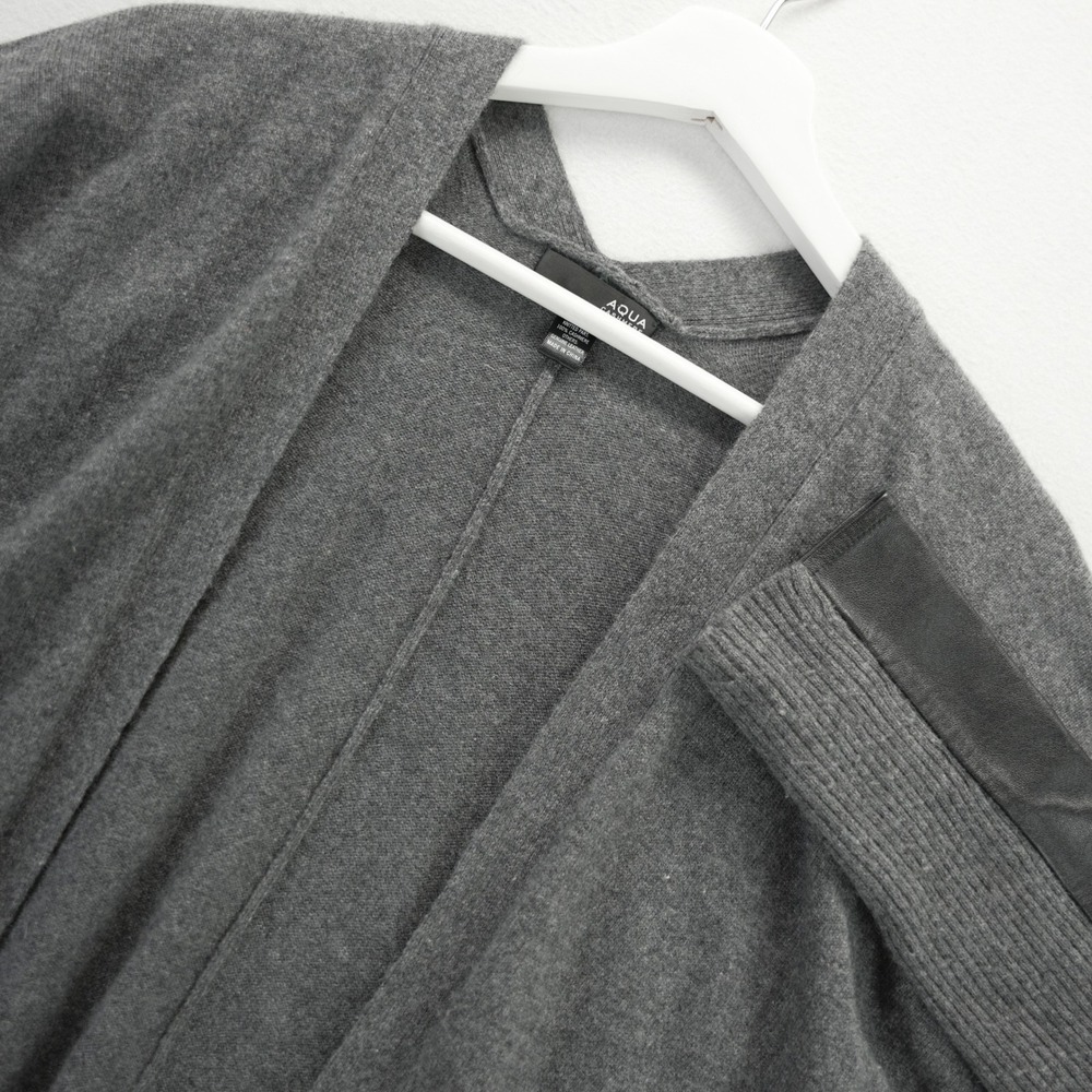 AQUA Cashmere Gray Open Front Cardigan Leather Sleeve Accent Sweater Small